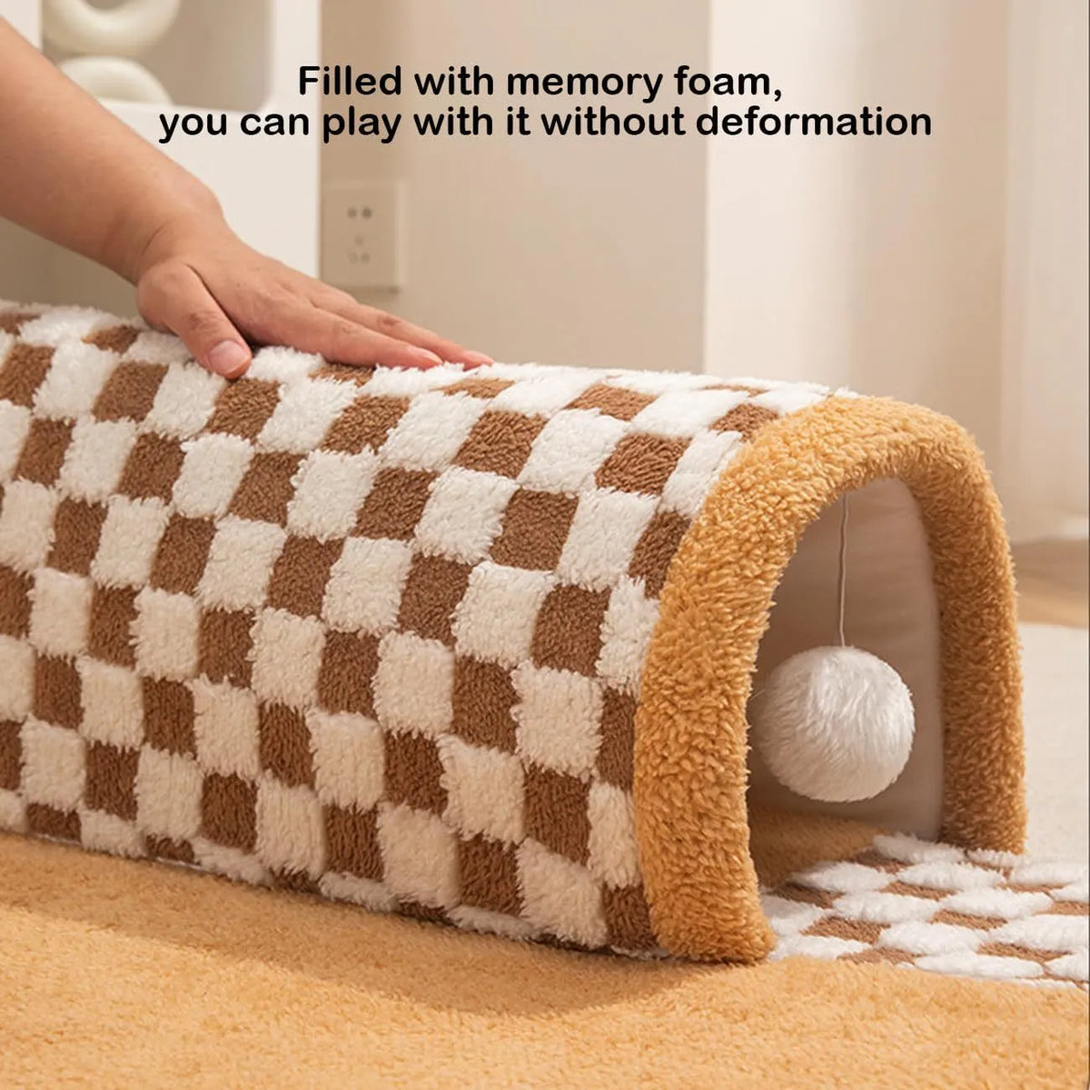 Fan-shaped 2 in 1 dog cat bed with plush sleeping area and integrated play tunnel in yellow colour