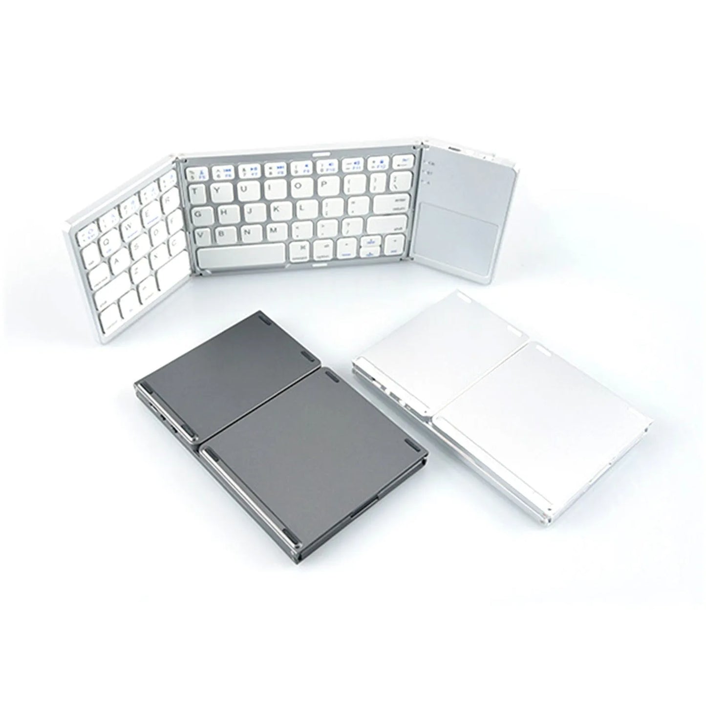 Tri-fold Bluetooth keyboard shown unfolded with thin touch keys in black or silver colour options