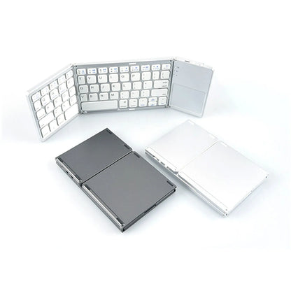 Tri-fold Bluetooth keyboard shown unfolded with thin touch keys in black or silver colour options