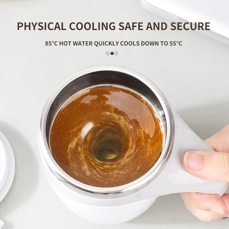 White automatic stirring coffee cup with magnetic mixing technology and modern design
