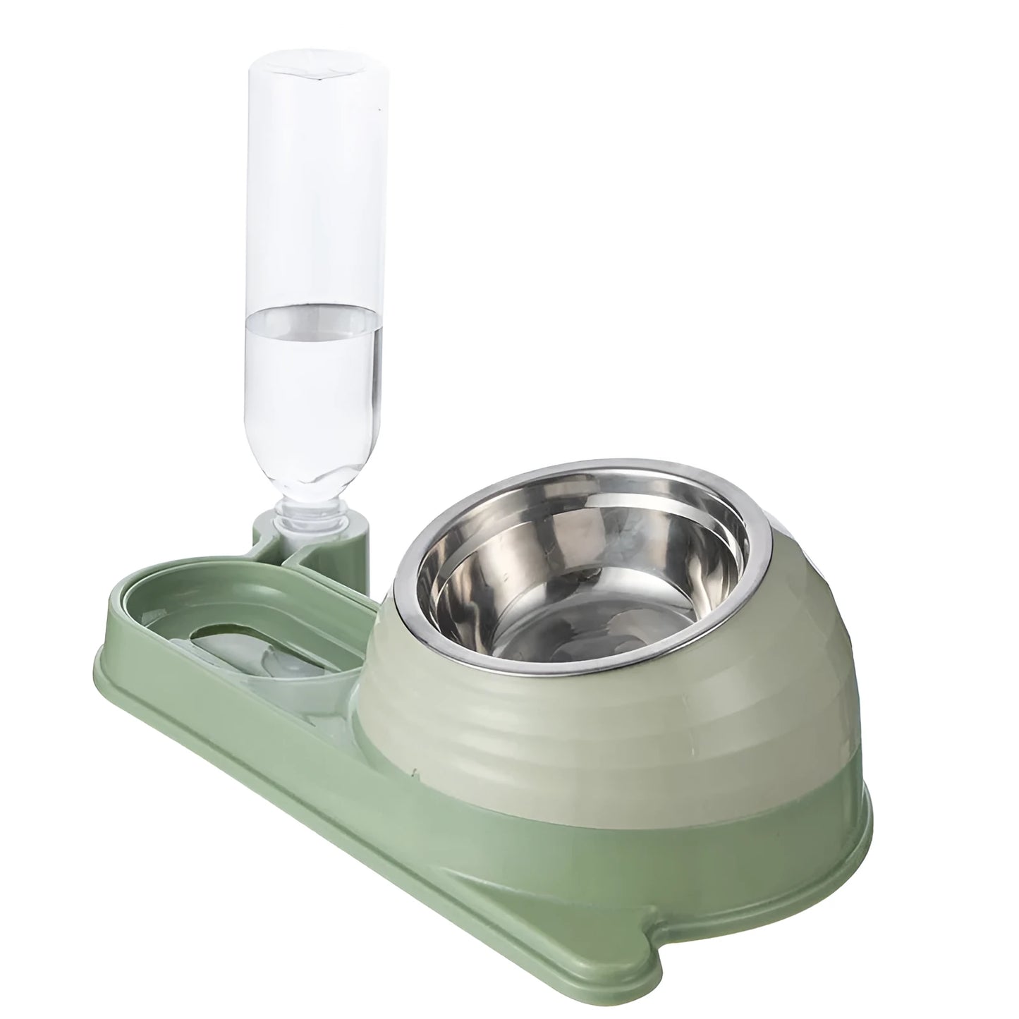 Brown elevated pet feeding bowl with attached water bottle for cats and small dogs on a wooden floor.