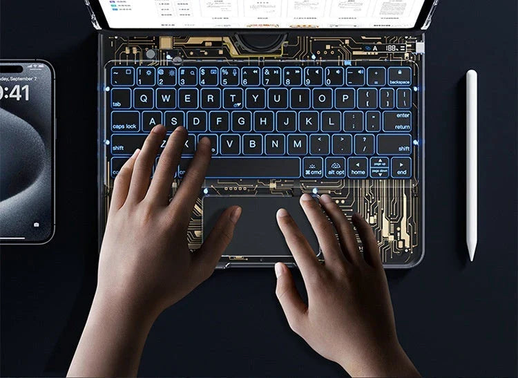Versatile iPad keyboard case with 360-degree swivel rotation, scissor-style keys, and integrated pen slot for enhanced mobile productivity