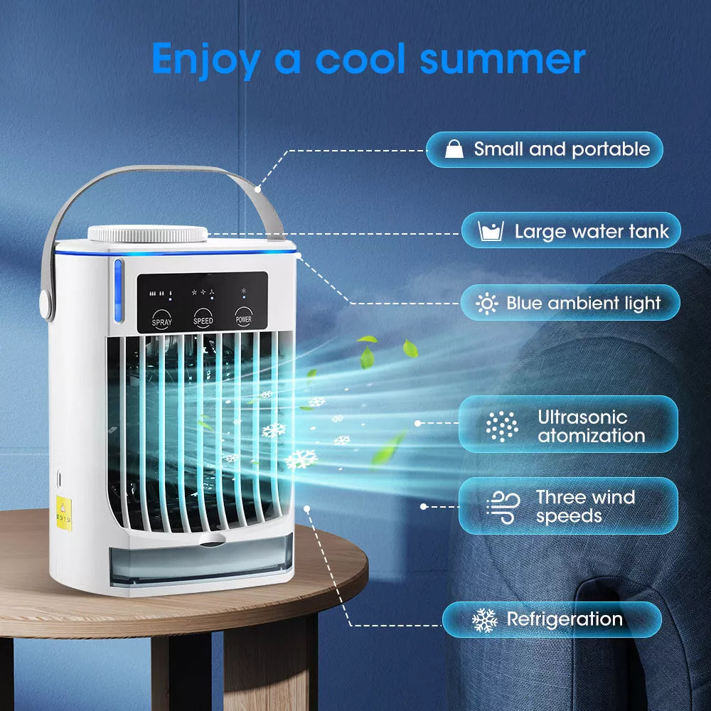 Compact USB-powered mini air cooler with humidification spray, bladeless design for safety