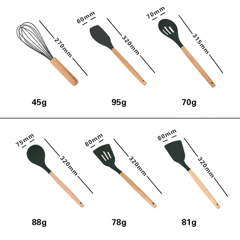Dark grey silicone cooking utensils with wooden handles including spatula, spoon, whisk, and tongs