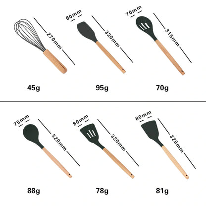 Dark grey silicone cooking utensils with wooden handles including spatula, spoon, whisk, and tongs