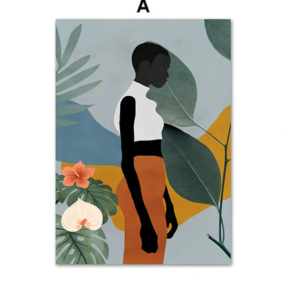 Frameless abstract canvas painting of African women with flower and leaf patterns, spray-painted oil on rectangular canvas, sizes up to 60x100cm