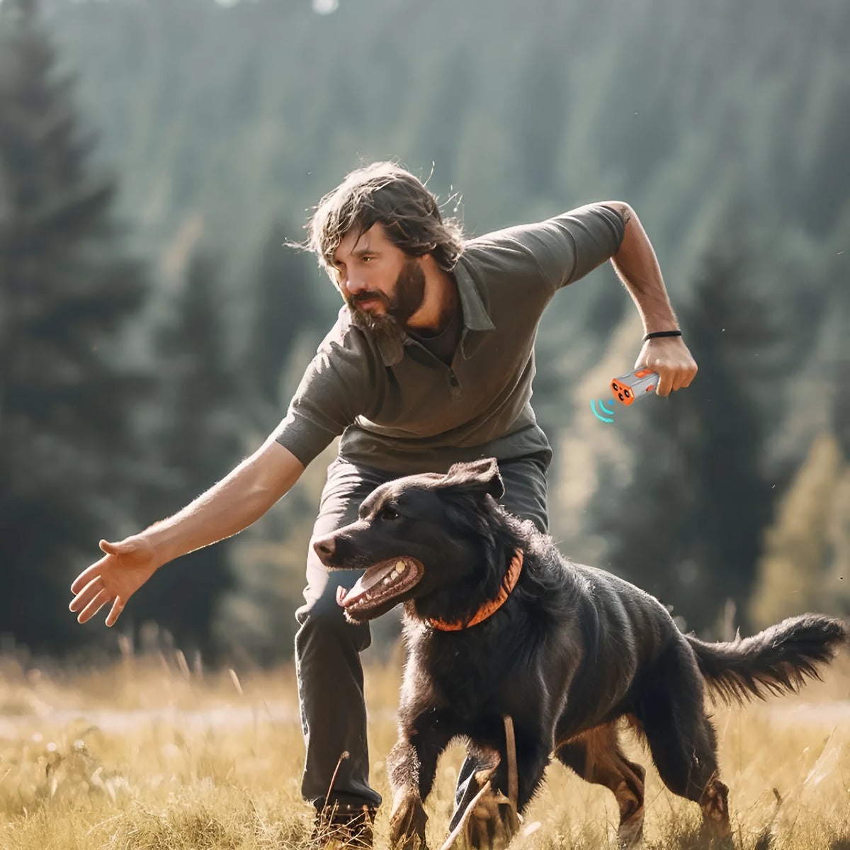 Handheld grey and orange ultrasonic dog trainer with three heads and a remote control.