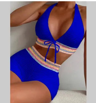 Women's solid colour polyester bikini two-piece swimsuit set showing available colours