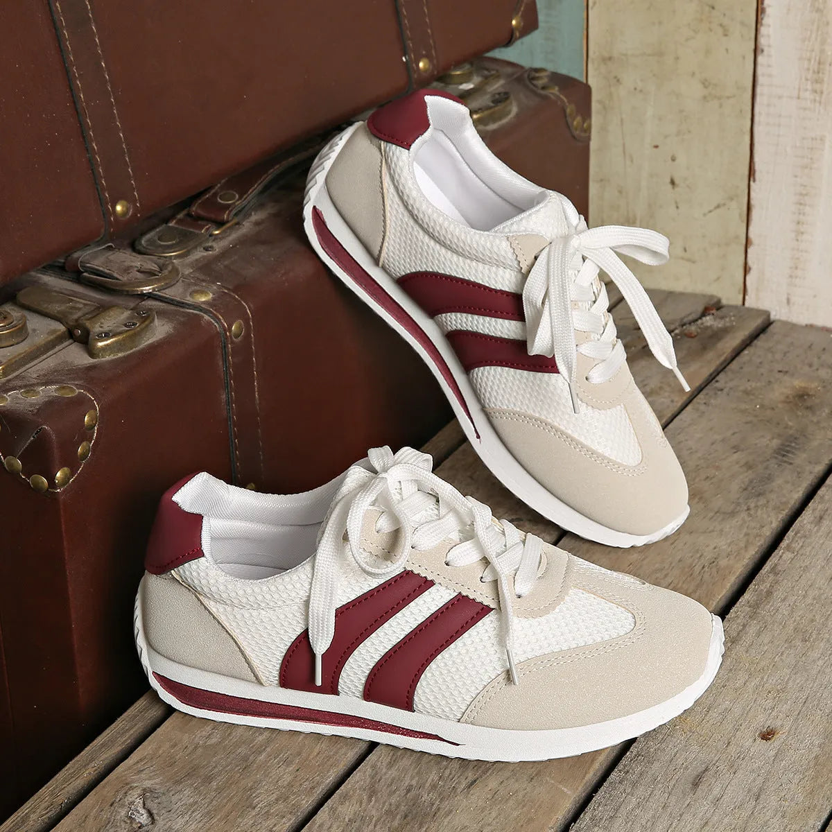 Wine red Cortez Retro sneakers with mesh lining and cross-strap detail