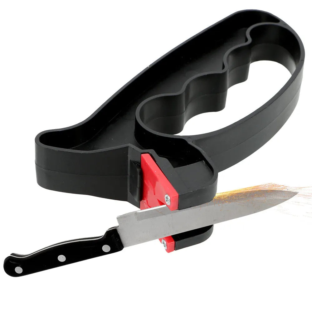 Black handheld ND-007 knife and scissor sharpener with ergonomic grip, showing ceramic and tungsten steel slots.
