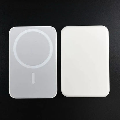 White magnetic wireless charging power bank showing compact size and creative design.