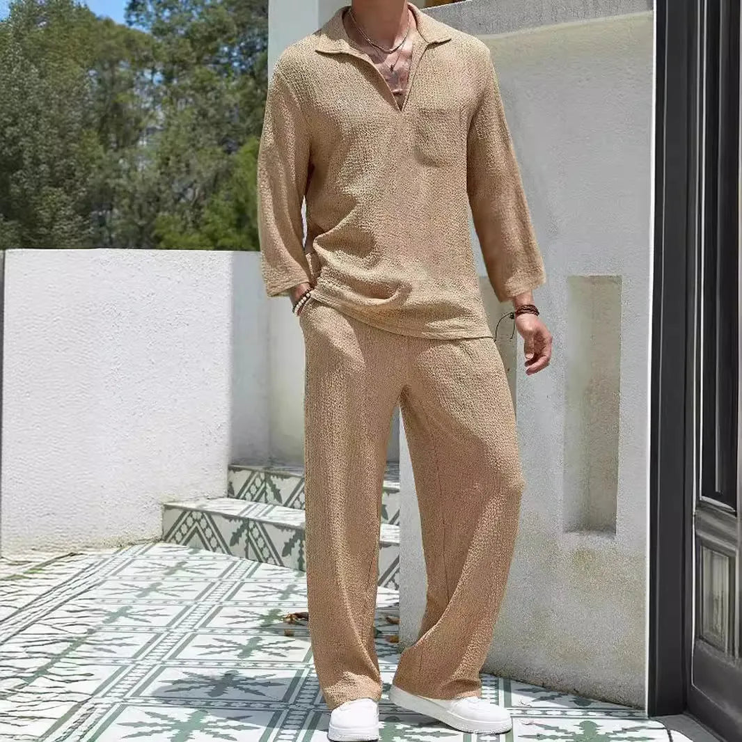 Men's casual shirt trousers commuter suit in lake blue colour with polyester fabric for autumn wear.