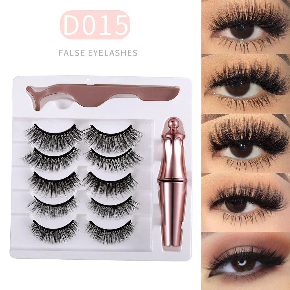 5 pairs of magnetic false eyelashes with tweezers and eyeliner on white background