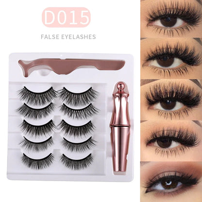 5 pairs of magnetic false eyelashes with tweezers and eyeliner on white background