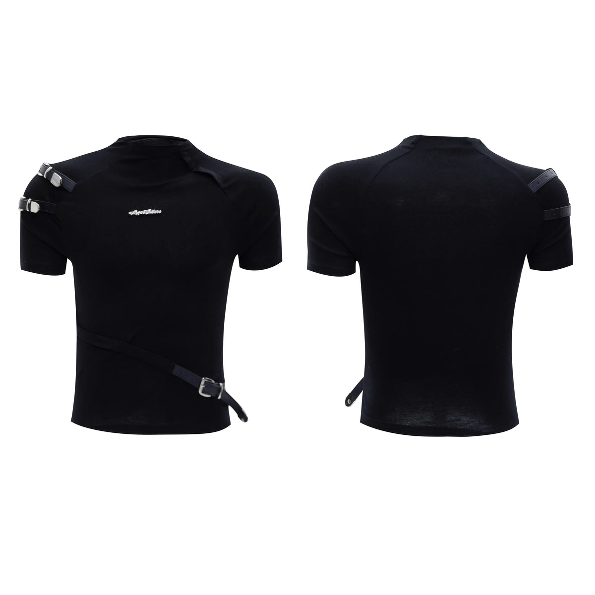 Men's black slim fit cotton t-shirt with metal belt design detail and contrast stitching.