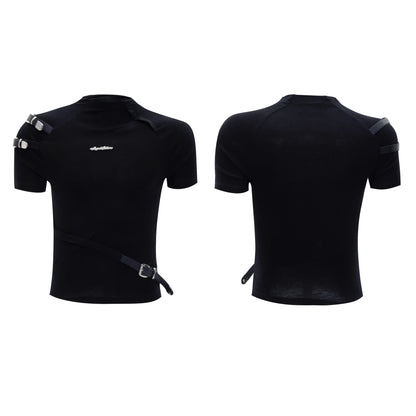 Men's black slim fit cotton t-shirt with metal belt design detail and contrast stitching.