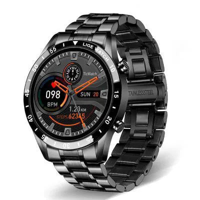 Stainless steel smart watch with black strap and 1.3-inch touch screen display.
