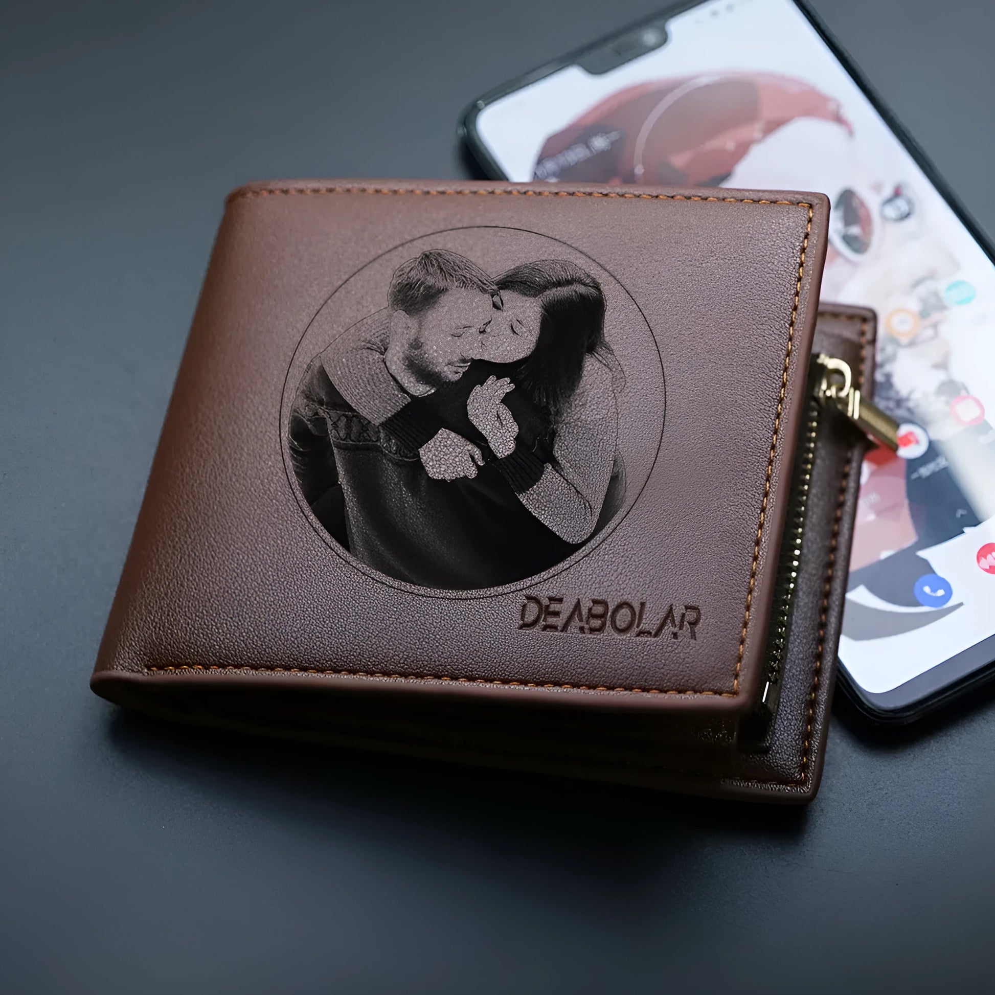 Men's leather wallet with zipper closure, presented in individual packaging.