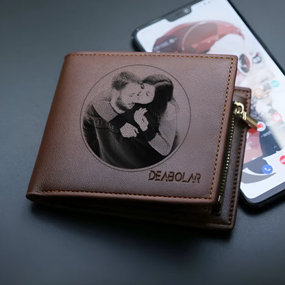 Men's leather wallet with zipper closure, presented in individual packaging.
