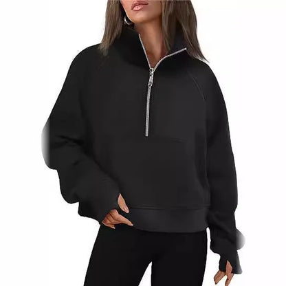 Women's loose lapel fleece-lined sweater in a solid colour with raglan long sleeves.