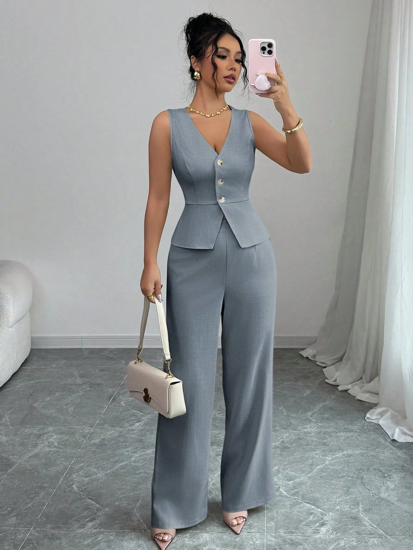 Women's sleeveless vest and high-waisted trousers two-piece set in solid colour casual design