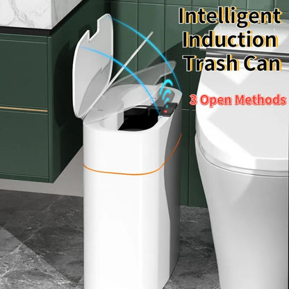White smart induction trash can with automatic opening lid for kitchen or bathroom use