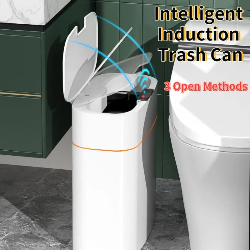 Smart trash can with automatic induction lid for kitchen, bathroom, bedroom, and living room storage, available in white, orange, or grey with 13L, 16L, or other capacity options and constructed from waterproof ABS plastic.