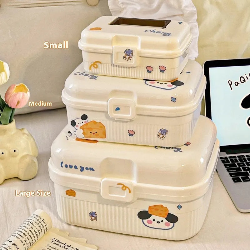 A white double-layer plastic storage box with large capacity, shown with a selection of large, medium, and small stickers.