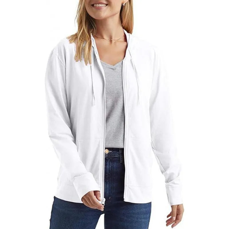 A loose fit solid colour hooded sweatshirt on a hanger, shown in one of six colour options.