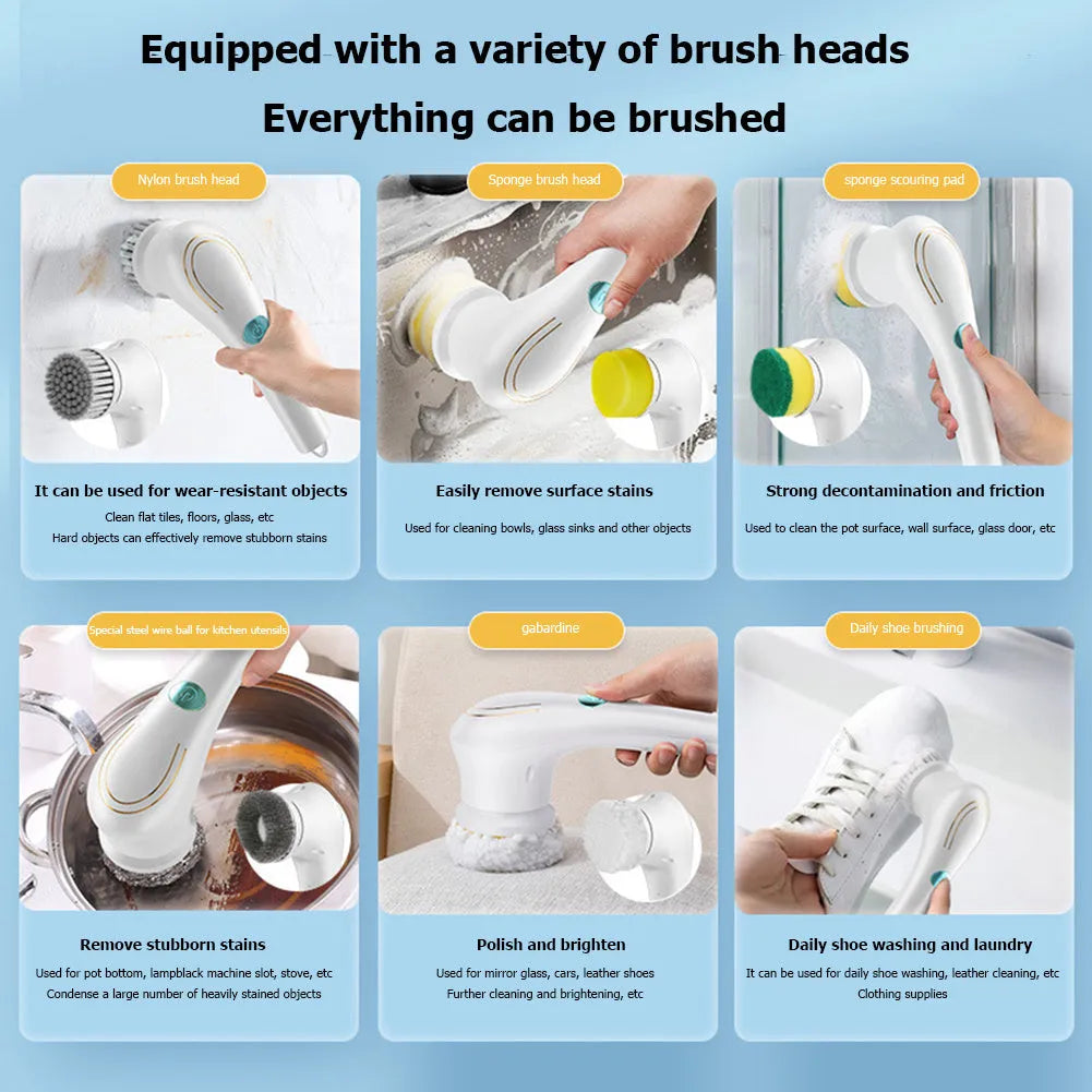 White cordless electric handheld scrubber with five attached brush heads on a kitchen counter