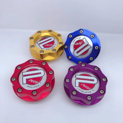 Aluminium alloy oil filter cap for Honda cars in red, blue, gold, and purple colour options.