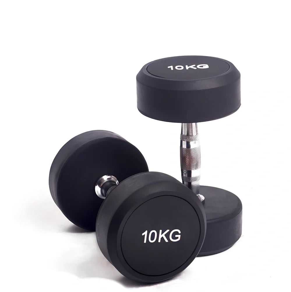 Black rubberized cast iron round head dumbbells, 1kg to 5kg weights for fitness, impact-resistant coating