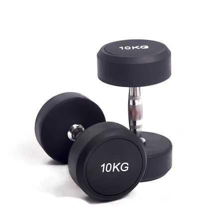 Black rubberized cast iron round head dumbbells, 1kg to 5kg weights for fitness, impact-resistant coating