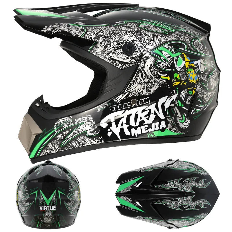 Adult cross-country karting and motorcycle helmet in ABS, shown in Bright Black Green Boy colour.