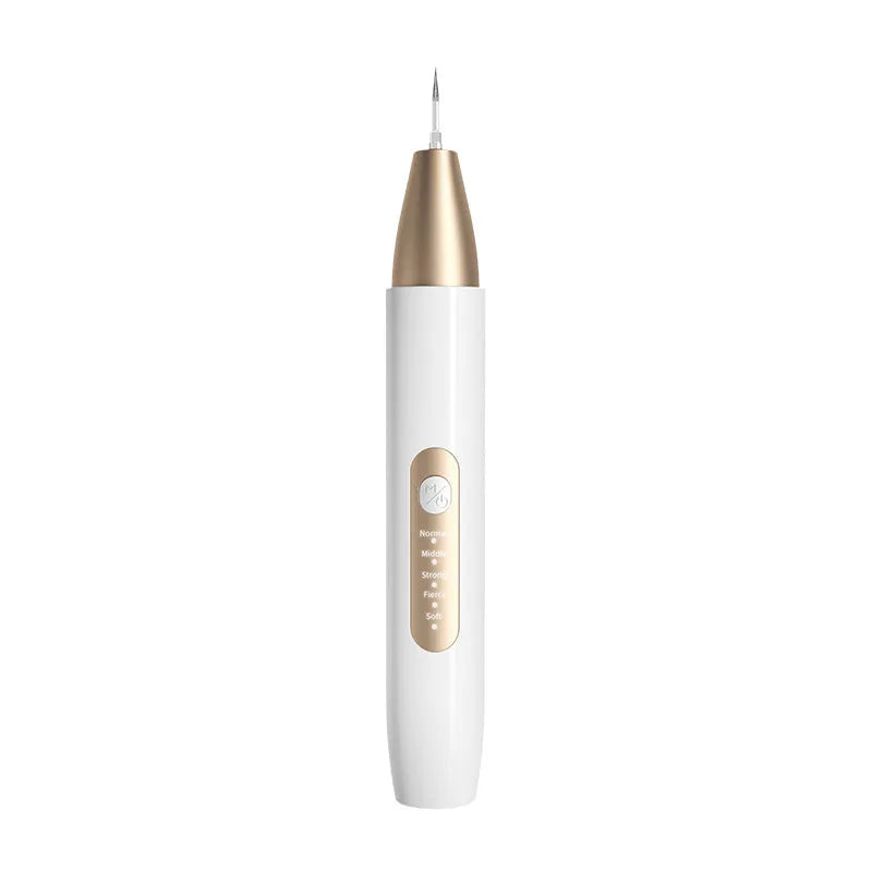 Gold-coloured ultrasonic tooth cleaner and tartar remover device with a stainless steel tip.