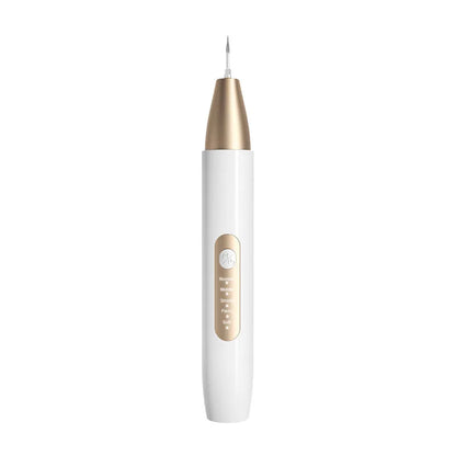 Gold-coloured ultrasonic tooth cleaner and tartar remover device with a stainless steel tip.