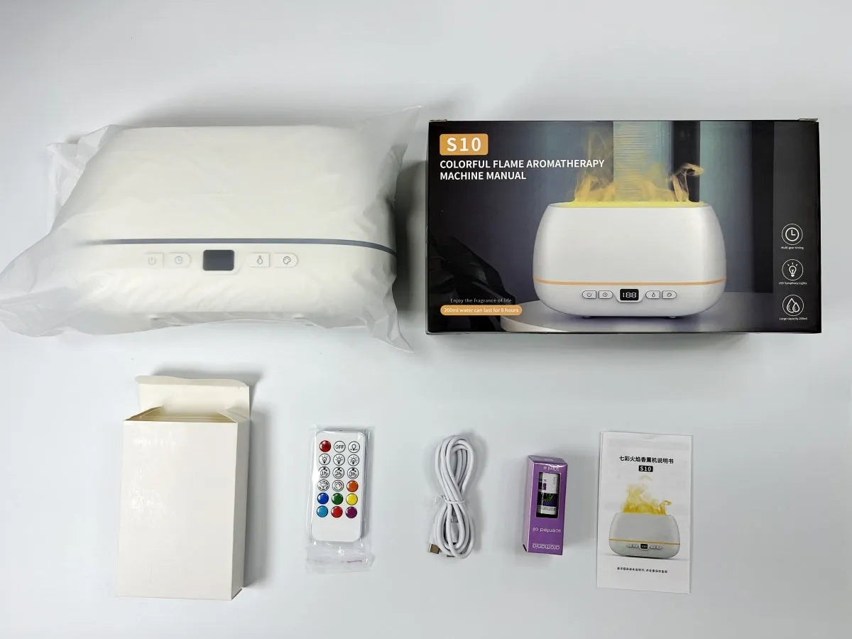White 3D flame humidifier 200ml USB aroma diffuser with timer, remote control and colour changing light, 226 x 127 x 87mm