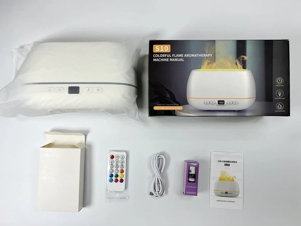 White 200ml USB flame humidifier with colour lights, remote, 226x127x87mm size for aromatherapy diffusion