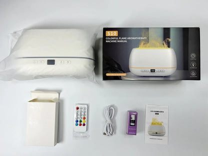 White 200ml USB flame humidifier with colour lights, remote, 226x127x87mm size for aromatherapy diffusion