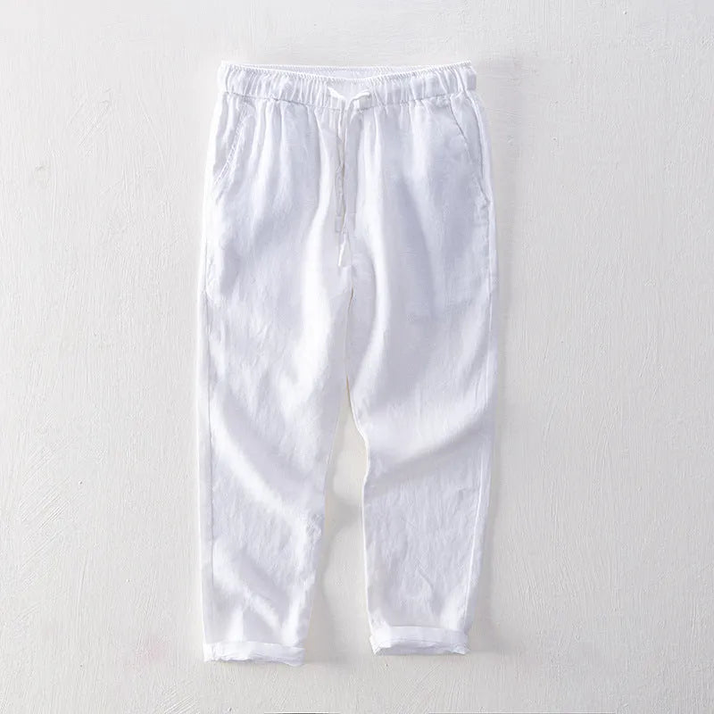 Men's straight linen trousers in four colour options showing mid waist and straight-leg cut