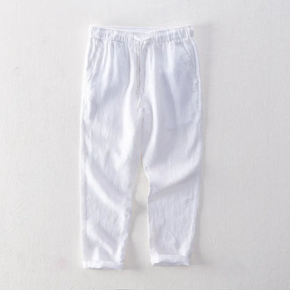 Men's straight linen trousers in four colour options showing mid waist and straight-leg cut