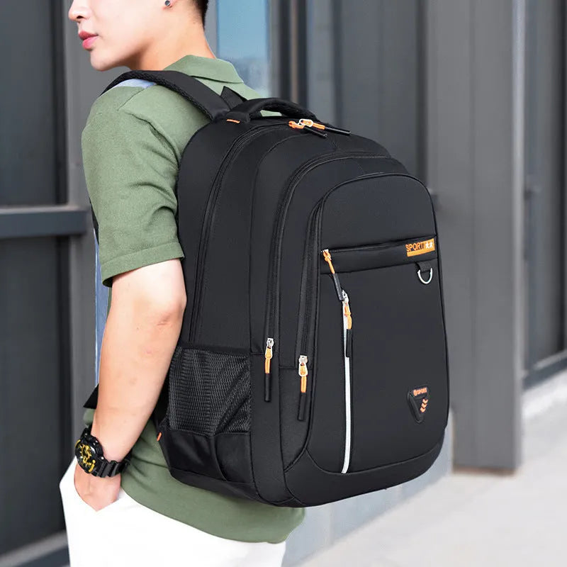 Men's large capacity Oxford cloth schoolbag with air pillow belt system in black colour with letter pattern detail