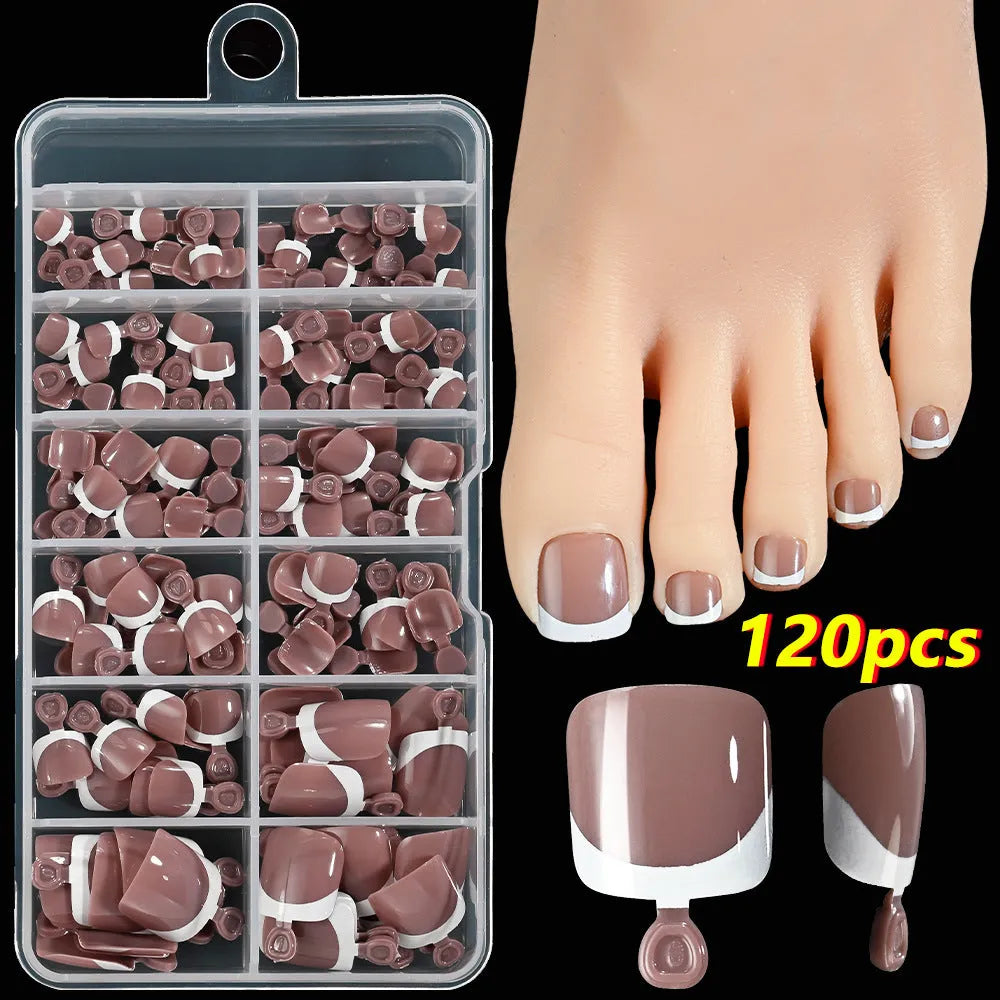 120-piece French white edge toenail pieces in nine natural nude shades, full square short shape for easy application