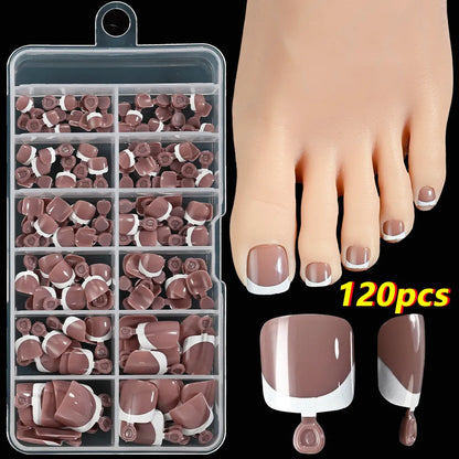 120-piece French white edge toenail pieces in nine natural nude shades, full square short shape for easy application