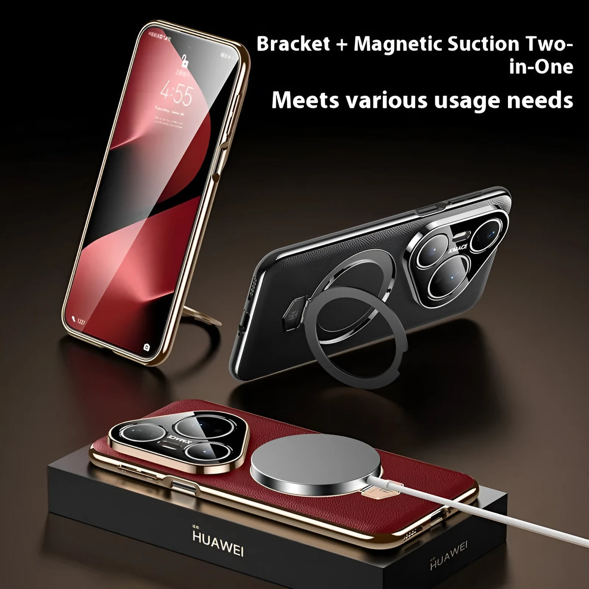 Magnetic rotating bracket phone case for Huawei Pura 70/80 in Obsidian Black frosted feilin leather with fall protection