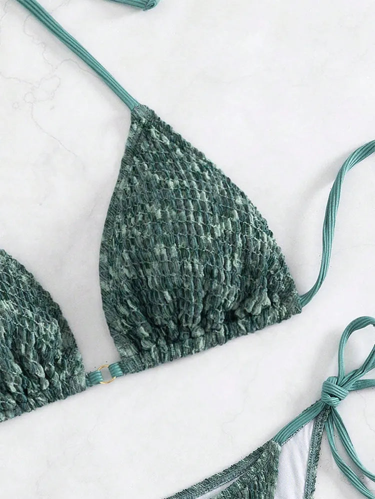 Women's green backless halter strap bikini set showing front and back views