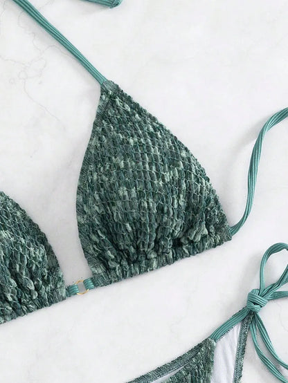 Women's green backless halter strap bikini set showing front and back views
