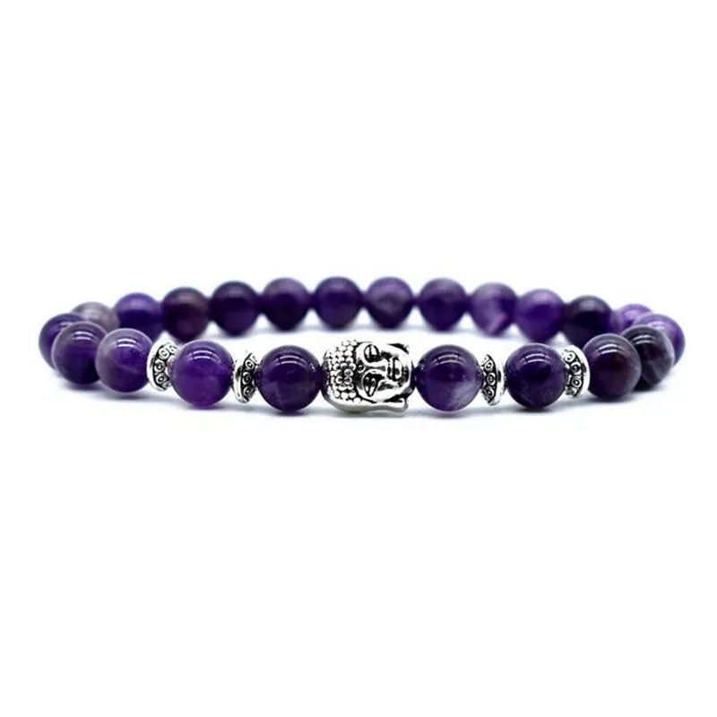 Unisex amethyst bracelet with a detailed Buddha head charm in one of five gemstone colours.