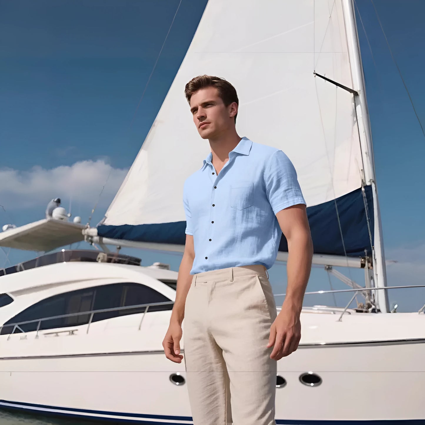 Men's loose fit short-sleeved linen blend shirt in a cardigan style, shown in a solid colour.