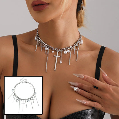 Cross Tassel Pearl Collarbone Chain Necklace with alloy pendant